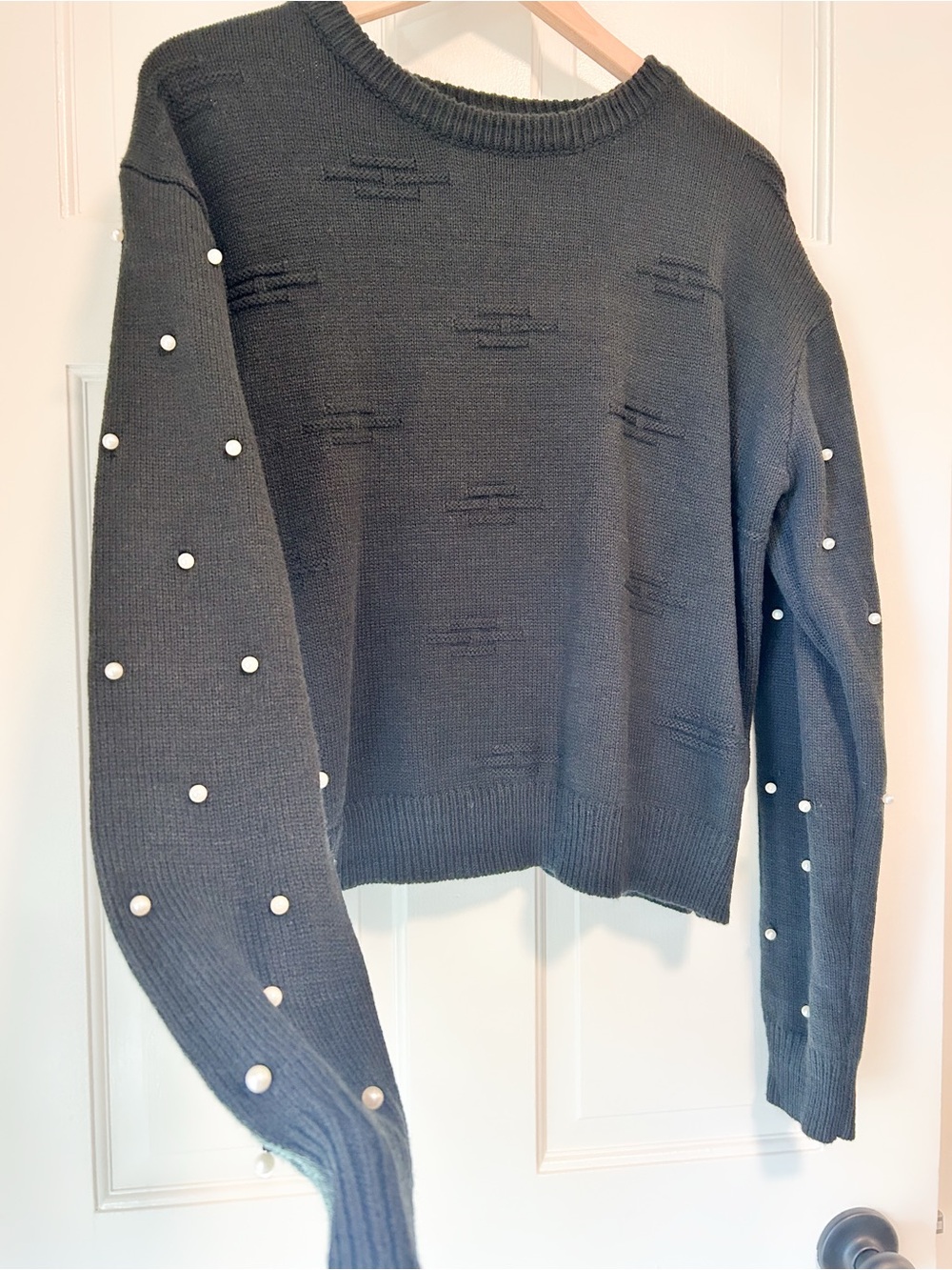 SHEIN Black Raised Dash Knit Pearl Bead Embellished Sleeve Sweater - Size Large - Picture 3 of 7